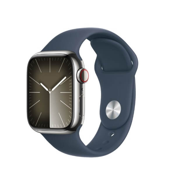 apple watch series 9 lte màu bạc viền thép dây cao su, apple watch series 9 lte 45mm viền thép