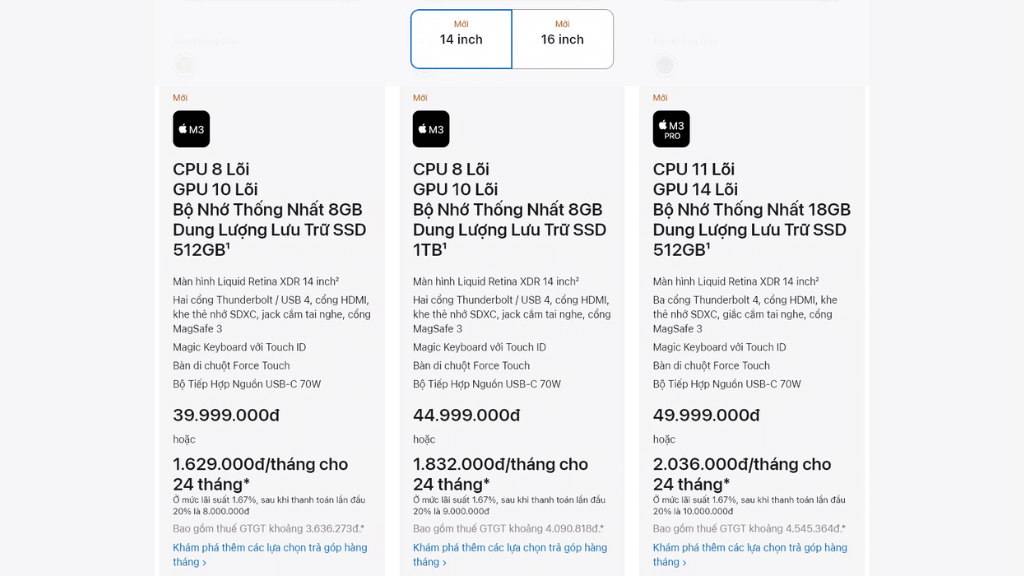 Giá bán của macbook pro 14 m3 2023