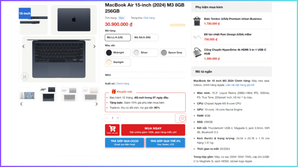 MacBook Air M3 15 inch giá bao nhiêu?